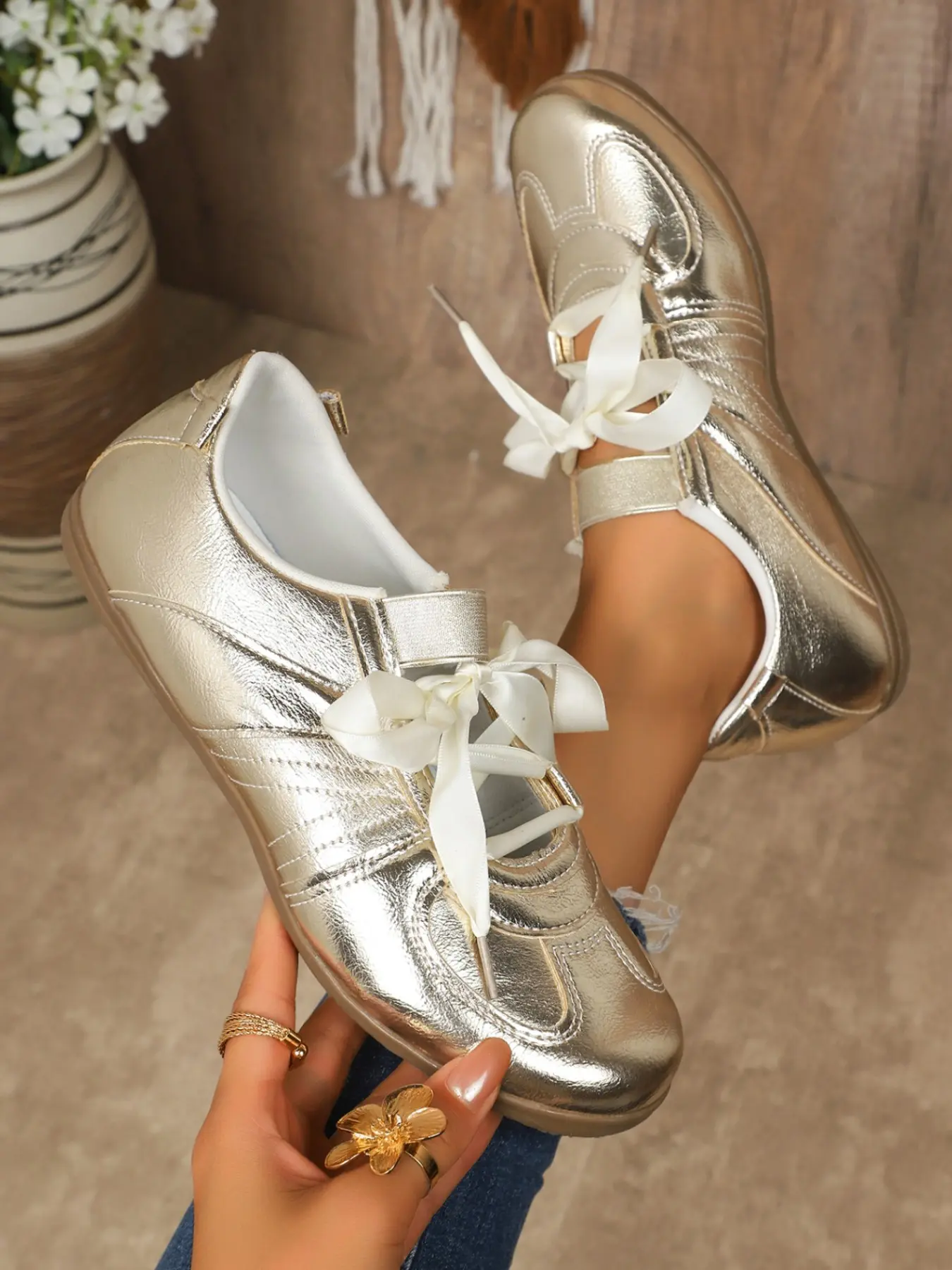 Women's Glossy Metal Retro Trainers, Soft Rubber Flat Sole, Casual Streetwear Sneakers, Comfortable Daily Wear, Trendy Board Shoes