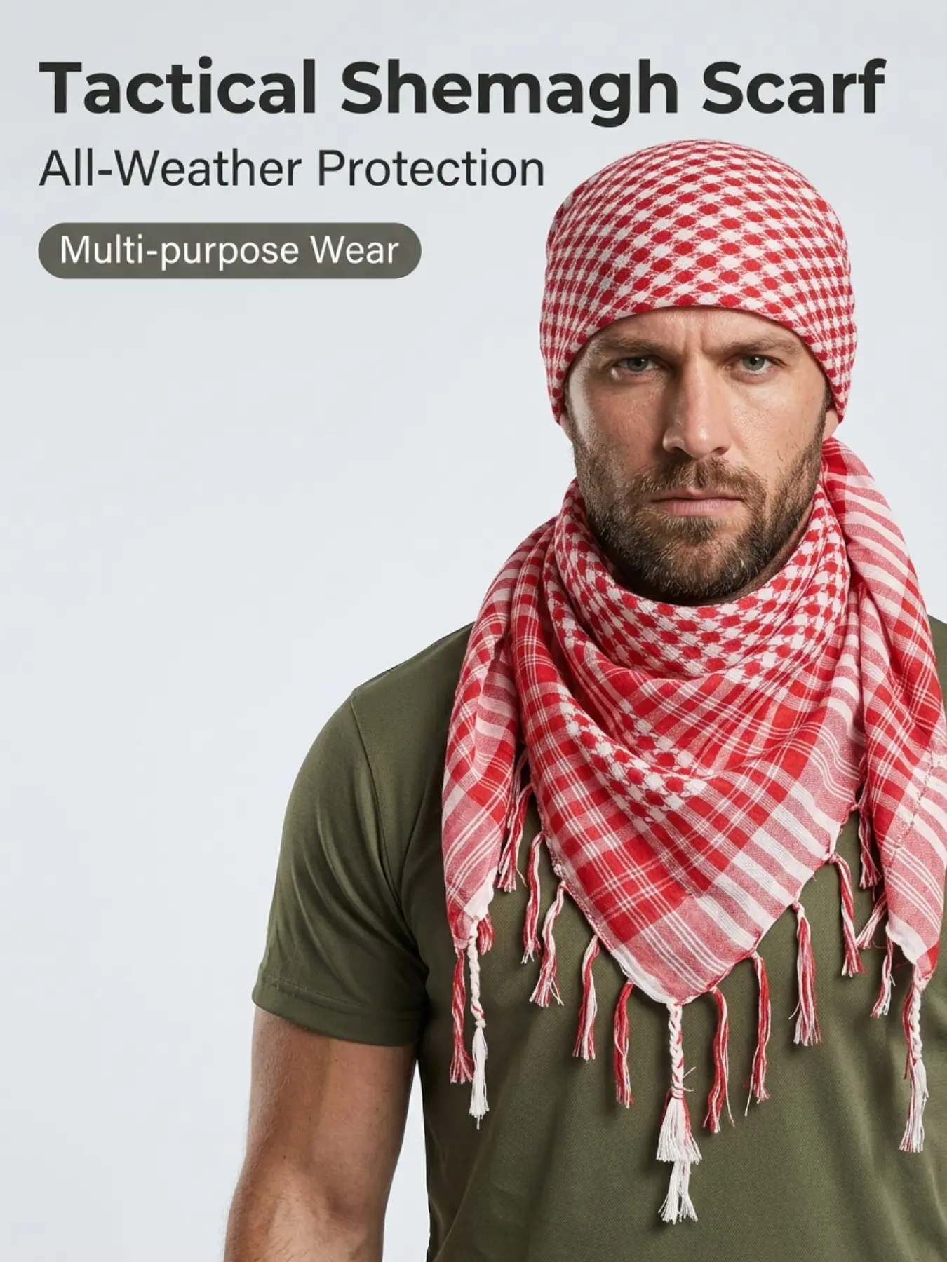 Shemagh Tactical Scarf, Classic Jacquard Plaid Texture, Checkered Scarf, Fringe Headwrap, Ideal for Off-Roading, Desert Hiking, Camping