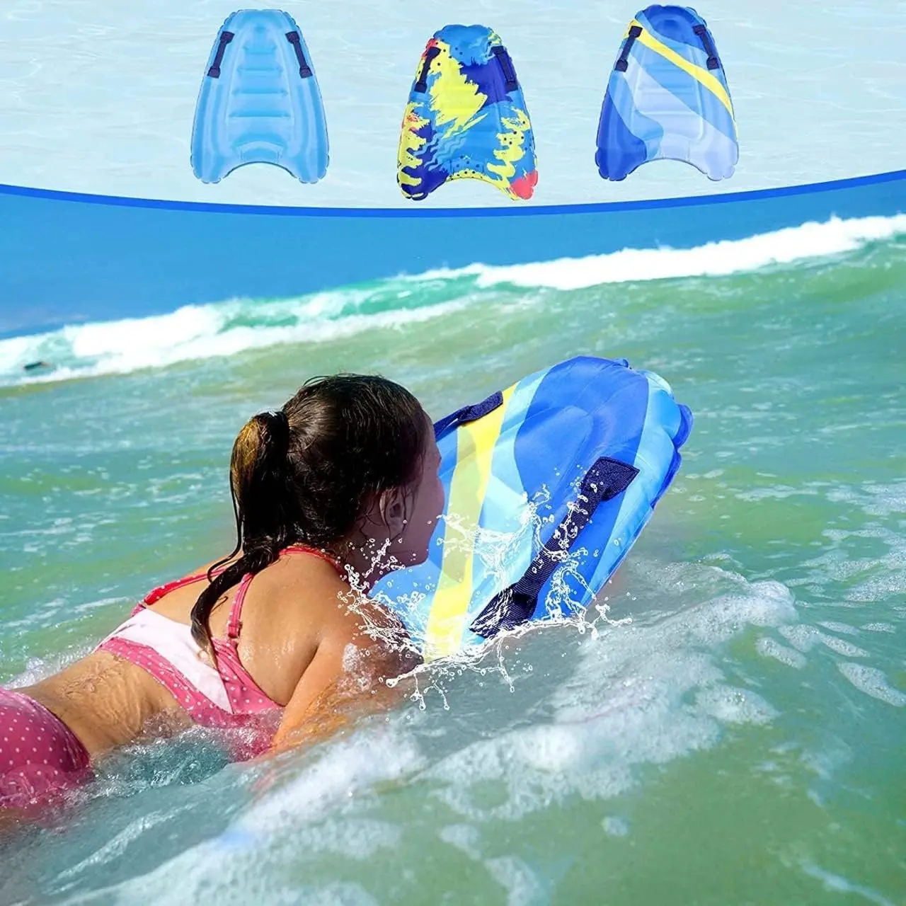 Portable Foldable Inflatable Surf Body Board with Handles, Boogie Surfboard Kickboard Floating Pad for Swimming Pool, Suitable for Adults Beginners and Children
