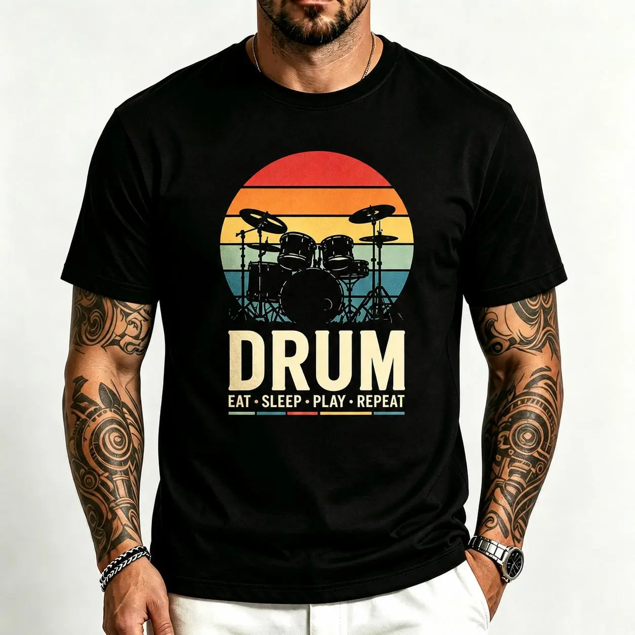 Men's 100% Cotton Vintage Drum Set Graphic T-Shirt - Casual Menswear Round Neck Short-Sleeve Tee for Drummers, Loveable Outfits Pairing with Jeans, Ideal for Concerts