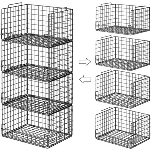 4-Tier Stackable Closet Organizers and Storage Basket - Foldable Closet Shelf Organizer System, Sturdy Metal Space-Saving Clothes Storage Bins for Wardrobe, Black
