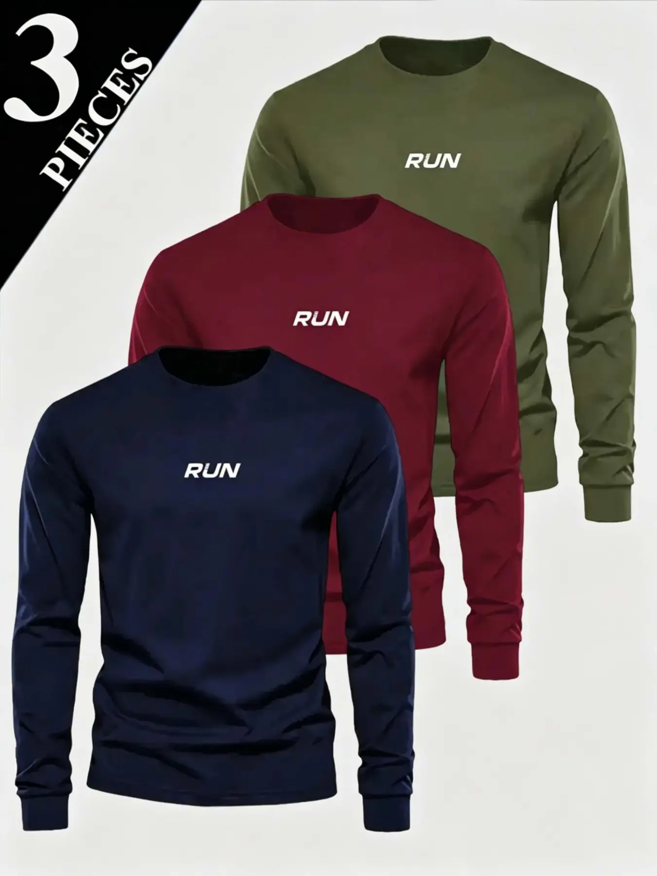 3-Pack Men's Workout Tees, Breathable Stretch Long Sleeve Crew Neck, Ideal for Gym Training, Casual All-Season Top, Athletic Running Tee