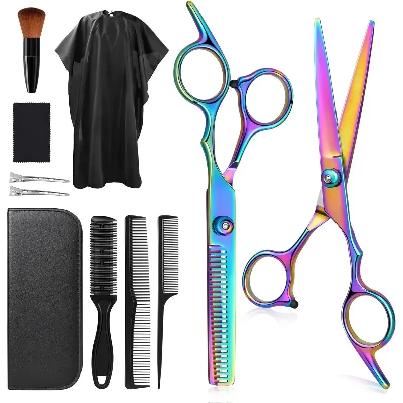 11pcs Professional Hair Cutting Thinning Shears Kit, Complete Barber Tool Set Including Hairdressing Scissors, Combs, Hair Clips, Haircut Cape and Storage Case, Durable for Salon & Home Use, Perfect for Trimming Thick and Curly Hair for Men and Women