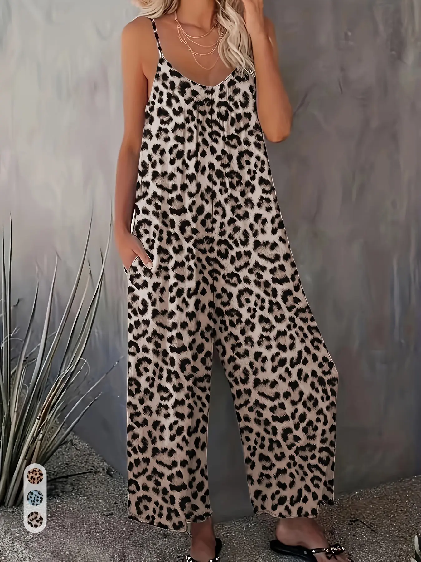 Women Casual Leopard Print Jumpsuit, V-Neck Sleeveless Spaghetti Strap, Loose Fit Baggy Wide Leg Romper, Side Pockets, Soft Breathable Loungewear