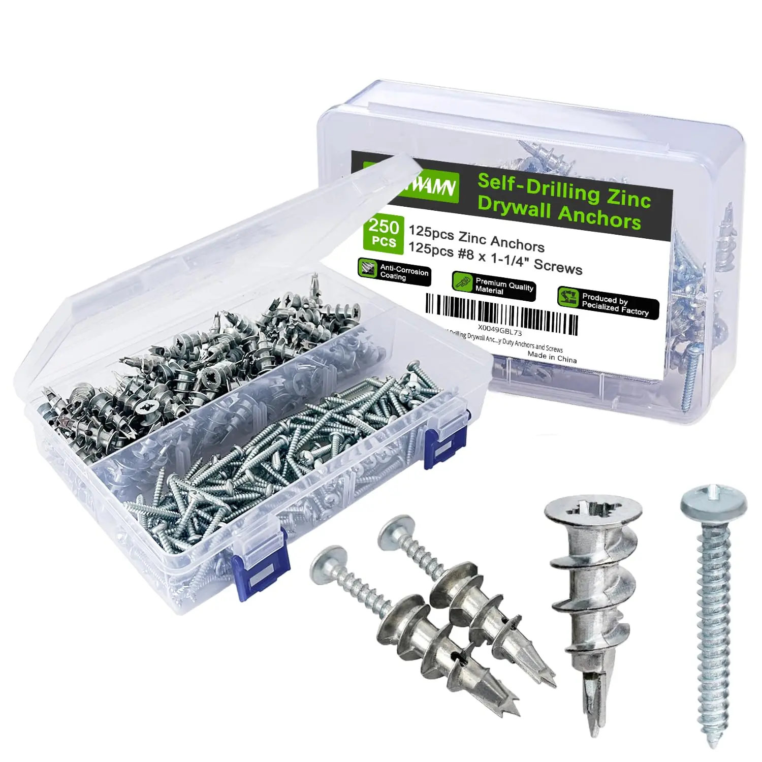 250 count #8 Metal Self-Drilling Drywall Anchors, (125 Anchors+125 Screws) Hollow Zinc Wall Anchors and Screws Kit, 125 count Heavy Duty Anchors 125 count #8 x 1-1/4" Screws