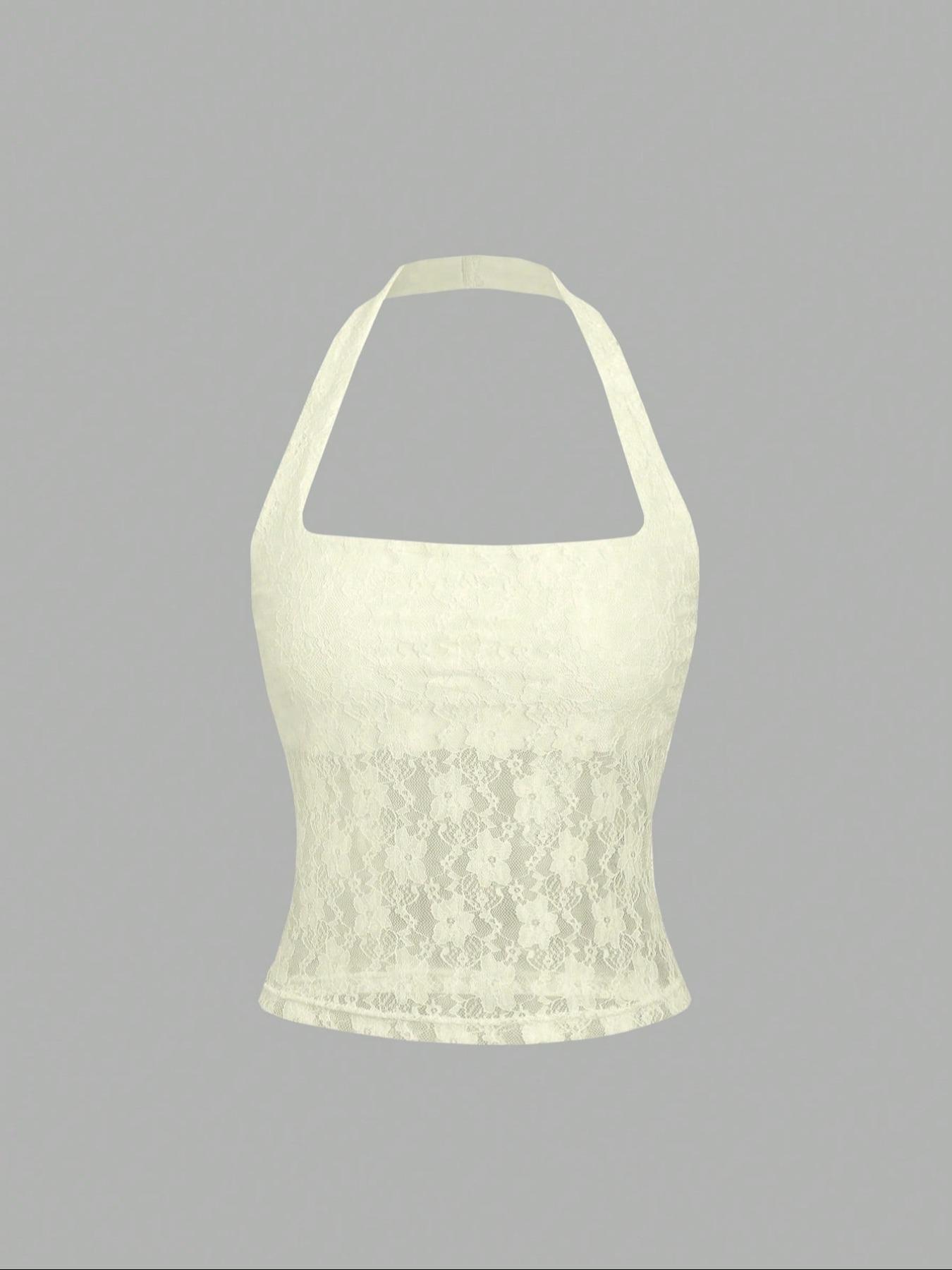 Women's Plain Floral Lace Halter Neck Top, Elegant Sleeveless Top for Party Vacation, Ladies Clothes for Summer, Casual Sleeveless Cami, Womenswear