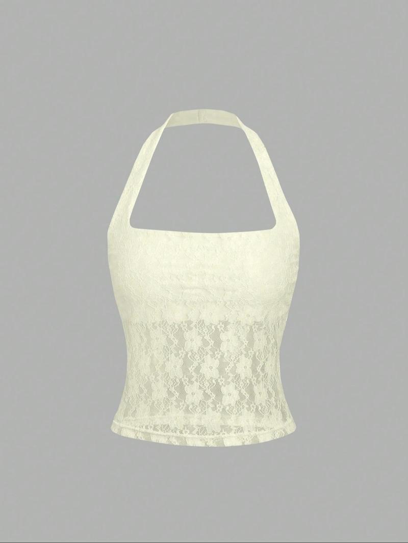 Valentine's Day Women's Plain Floral Lace Halter Neck Top, Elegant Sleeveless Top for Party Holiday Vacation, Ladies Clothes for Summer, Womenswear