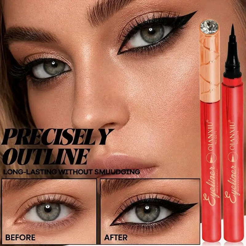 Liquid Eyeliner Pen Waterproof Sweatproof Smudgeproof Long Lasting, Ultra Fine Tip Liquid Eye Liner Pen, Precisely Outline Intense Color Fast Dry Film Quick Drying Liner, Shiny Rhinestone Top Cap Design Eye Makeup Liquid Eyeliner Cosmetics