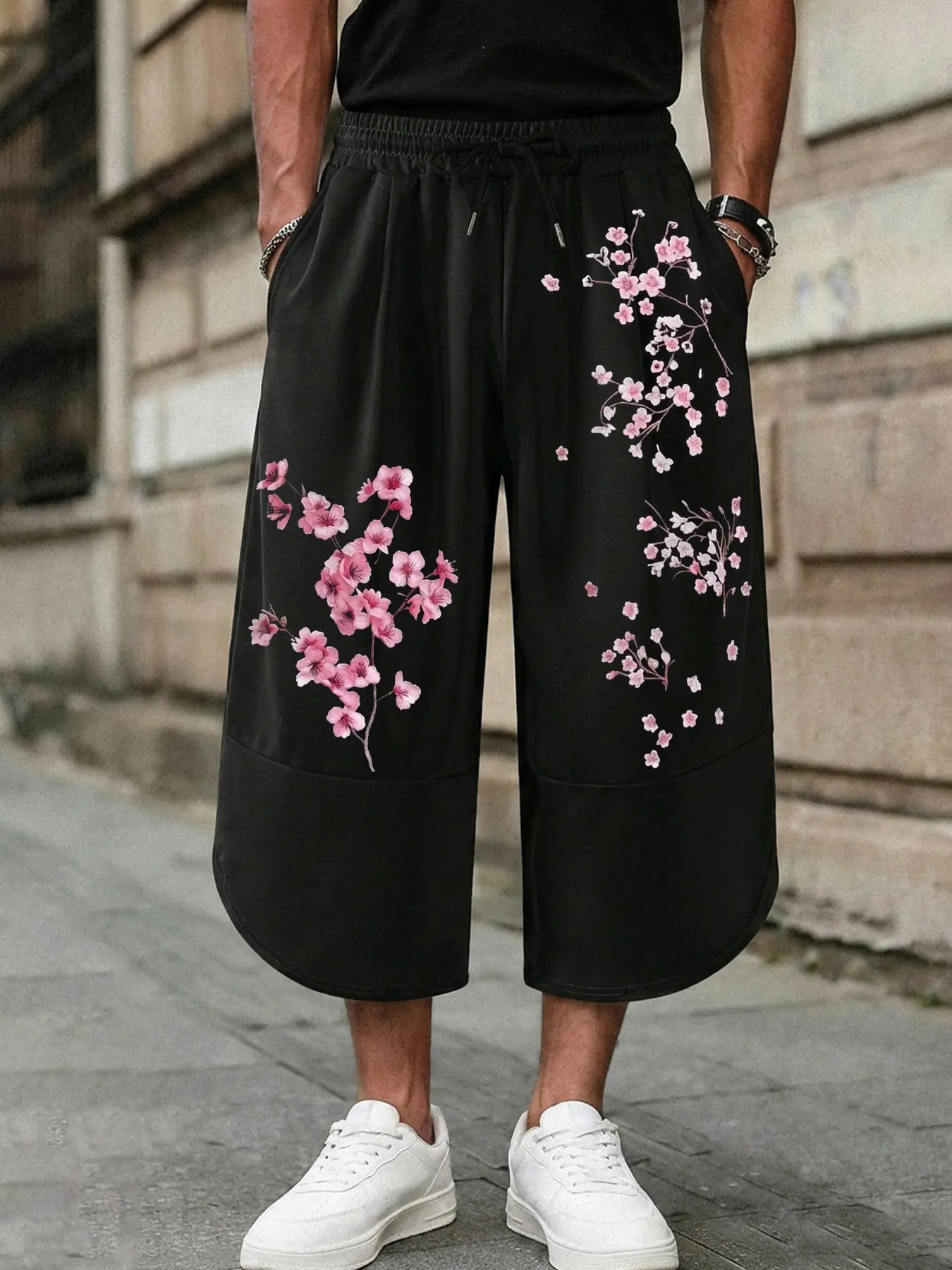 Vintage Y2K Japanese Watercolor Cherry Blossom Asymmetrical Wide Leg Seven-Eighths Pants, Bottom, Loose Fit, Lightweight Fabric, Casual Style, All Seasons