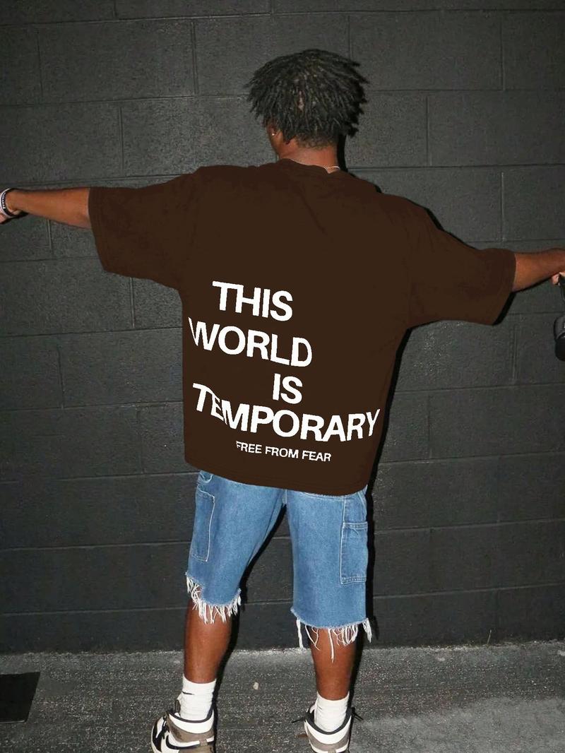 Men's Plain "THIS WORLD IS TEMPORARY" Letter Print Short Sleeve Graphic Tee, Loose Casual Comfy Round Neck T-shirt for Summer, Fashion Men's Top for Daily Wear
