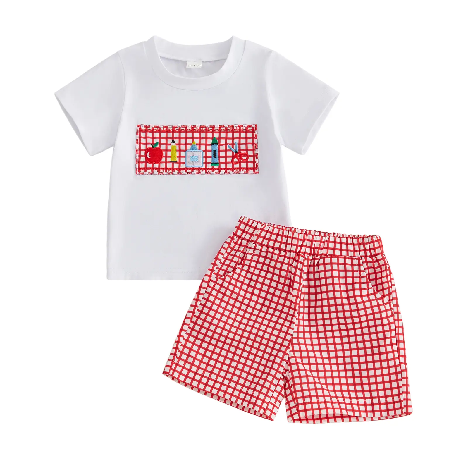 FOCUSNORM Toddler Baby Boys Back to School Outfit Stationery Embroidery Short Sleeve Shirt and Plaid Shorts First Day of School Clothes