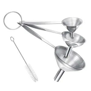 Small Funnels for Filling Bottles, 3 Pcs Stainless Steel Kitchen Funnel Set, Food Grade Mini Metal Funnel for Transferring Oil Liquid, Easy Cleaning with a Brush (Long Handle)