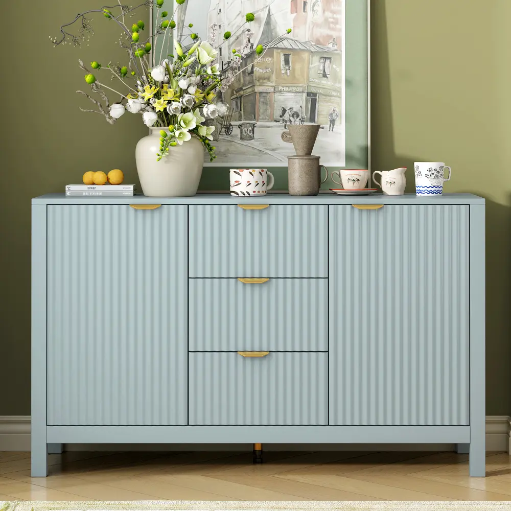 U_STYLE Sideboard with Wave Design - 3 Adjustable Shelves, 3 Drawers & Soft-Close Doors, Storage Console Table with Metal Handles, Suitable for Study, Hallway and Living Room