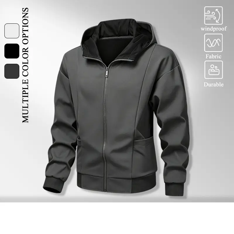 Spring Fall Minimalist Knit Hooded Jacket for Men, Heather Texture Attached Hood Windproof Zip Coat, Dual Side Pockets Wrinkle Free Long Sleeve Casual Top