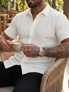 Summer Men's Lapel Casual Top, Textured Jacquard Short Sleeve Shirt, Slim-Fitting Solid Pattern, Unlined Plain Surface Clothing