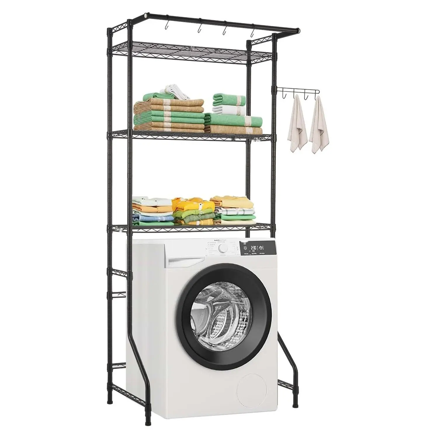 Over The Washer And Dryer Storage Shelf, 3-Tier Laundry Room Drying Rack With Hanger Rods And Hooks, Adjustable Over Washer And Dryer Shelves, Space-Saving Laundry Room Organizer, Black Easy To Clean