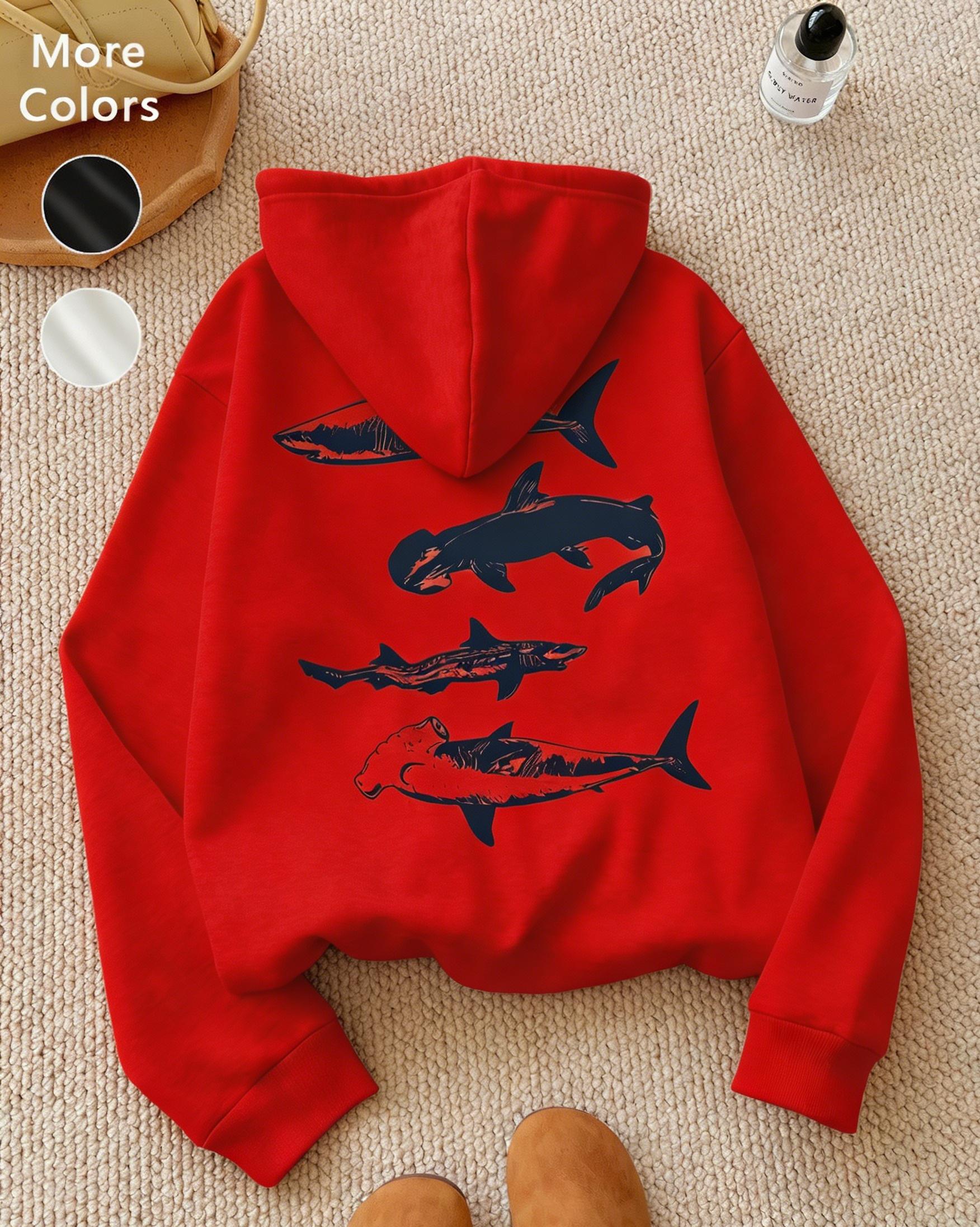 Women's Wool Aesthetic Hoodie, Loose Long-Sleeve Pullover for Autumn and Winter, Shark Print Casual Daily Wear, Unisex Fashion Top