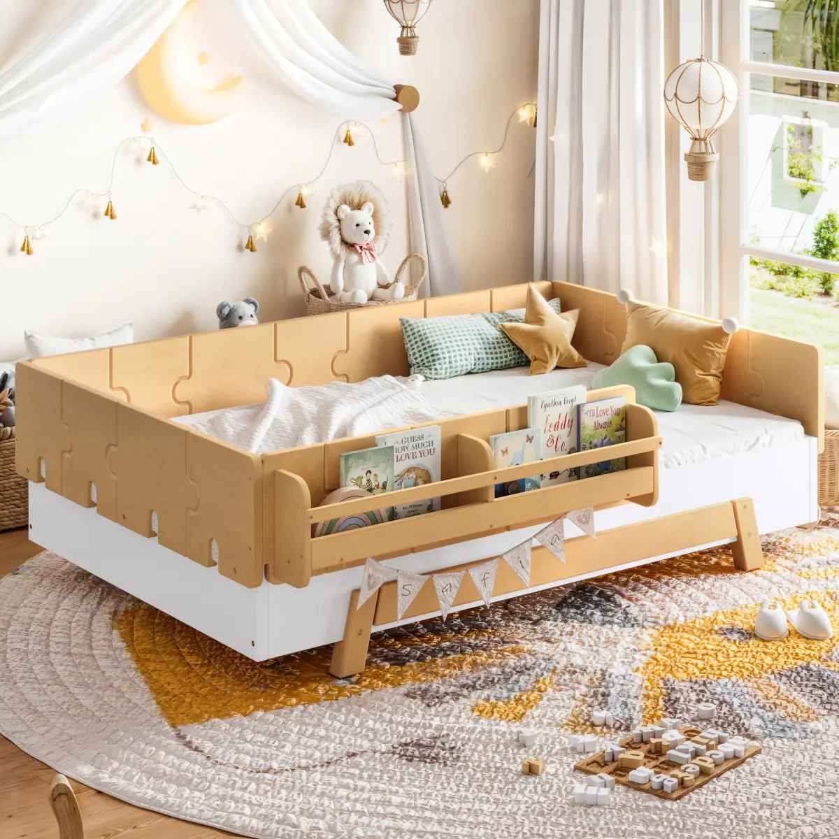 [Bellemave] Twin/Full Floor Bed with Full-length Guardrails and Bookshelves, Solid Wood Montessori Bed Slats, Low-profile and Childlike Building Block Design