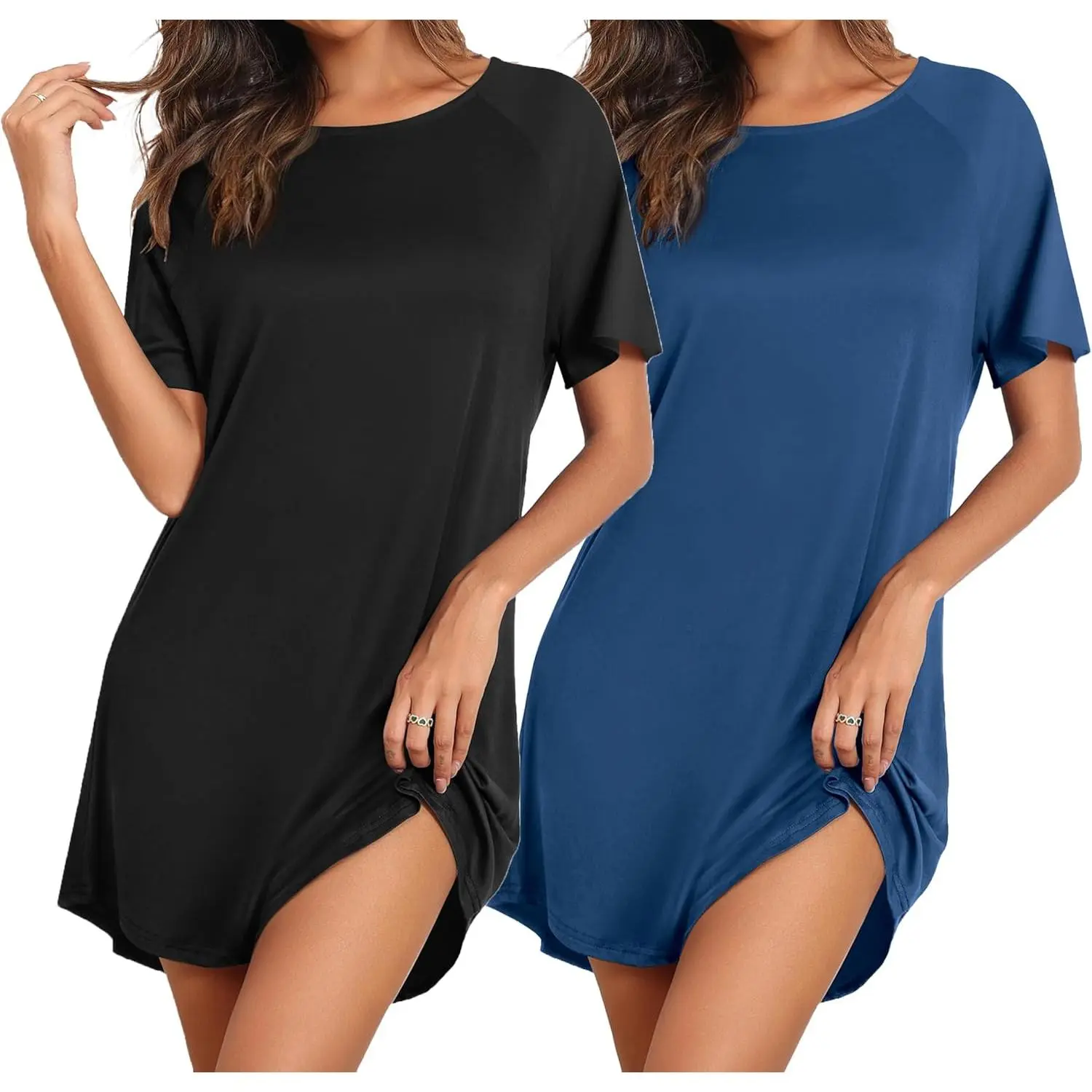 Women's 2-Pack Bamboo Viscose Nightgowns - Short Sleeve, Casual Party Style T-Shirt Sleepdress, Basic Soft Comfy Sleepwear, Loose