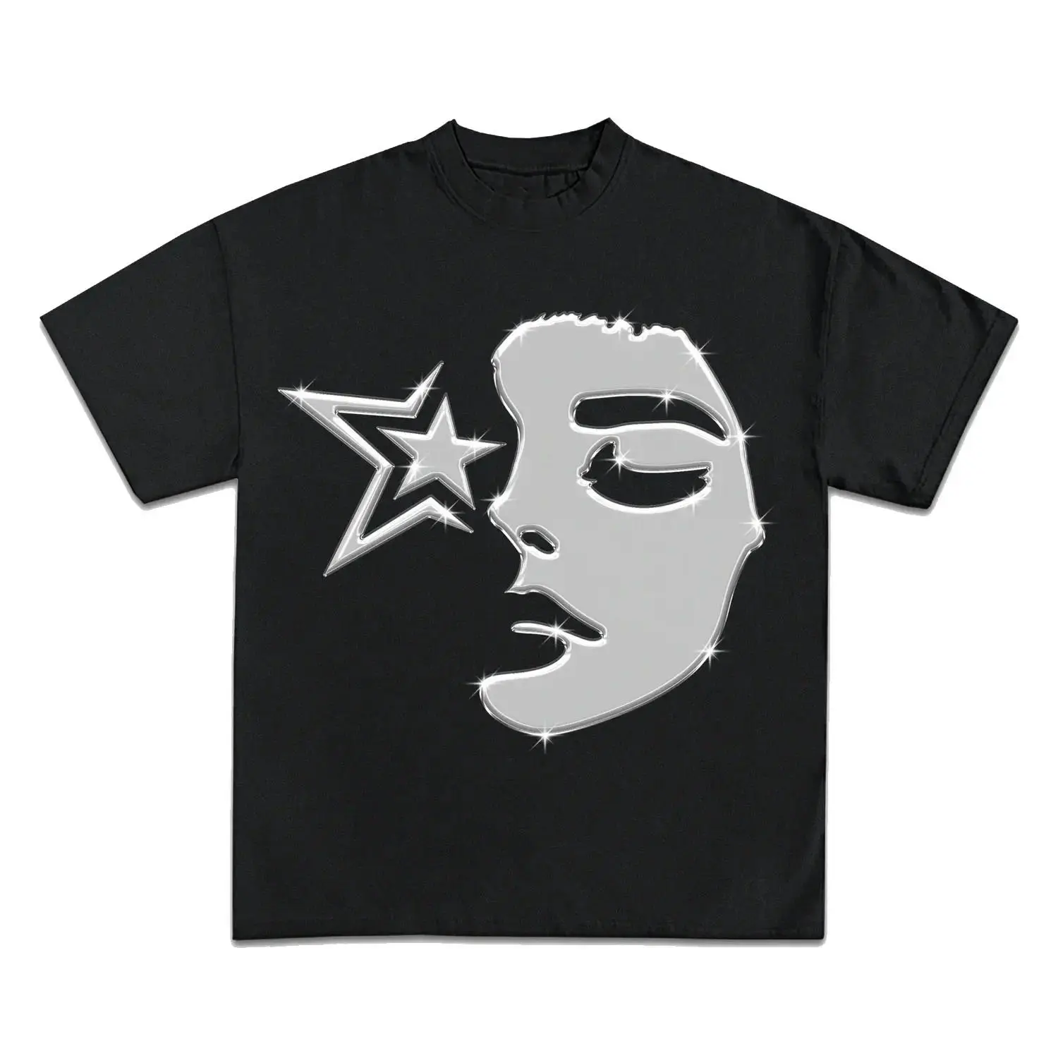 Unisex Oversized Breathable Starlit Face Vintage Graphic Print Cotton Compression Shirt, Short-Sleeve Streetwear Workout Top, Machine Washable Sports Top, Birthday, Joggers, Cargo, Shortsleeve