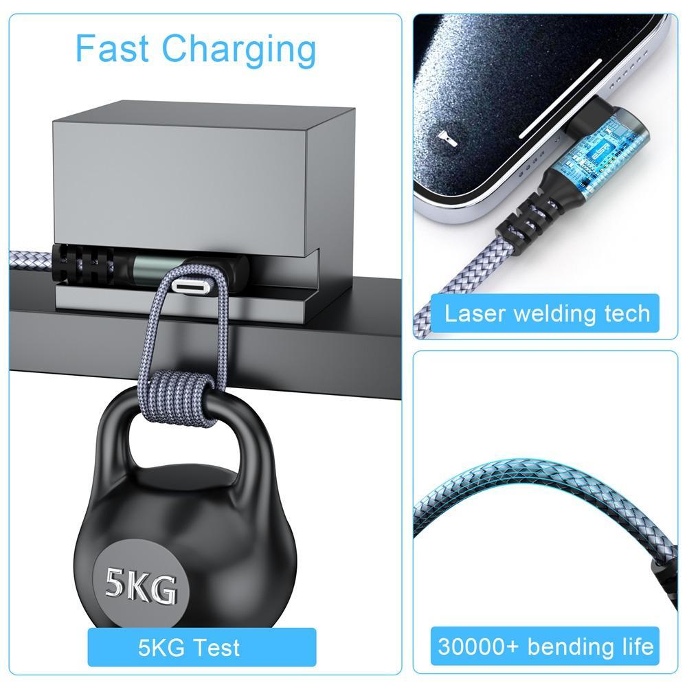 USB Type C Charger Cable Nylon Braided USB-C to USB C Line, 90 Degree Bend Gaming Charging Cable, Fast Charging Data Transfer