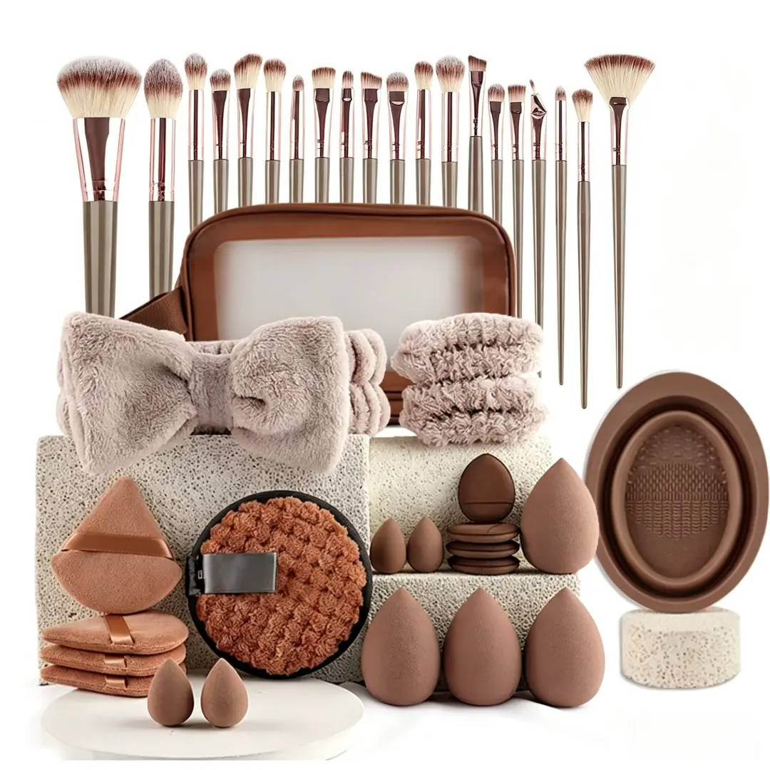 Professional Makeup Brush Set, Soft Bristle Brushes, Beauty Sponge, Powder Puff, Silicone Cleaner, Hairband, Makeup Organizer Bag