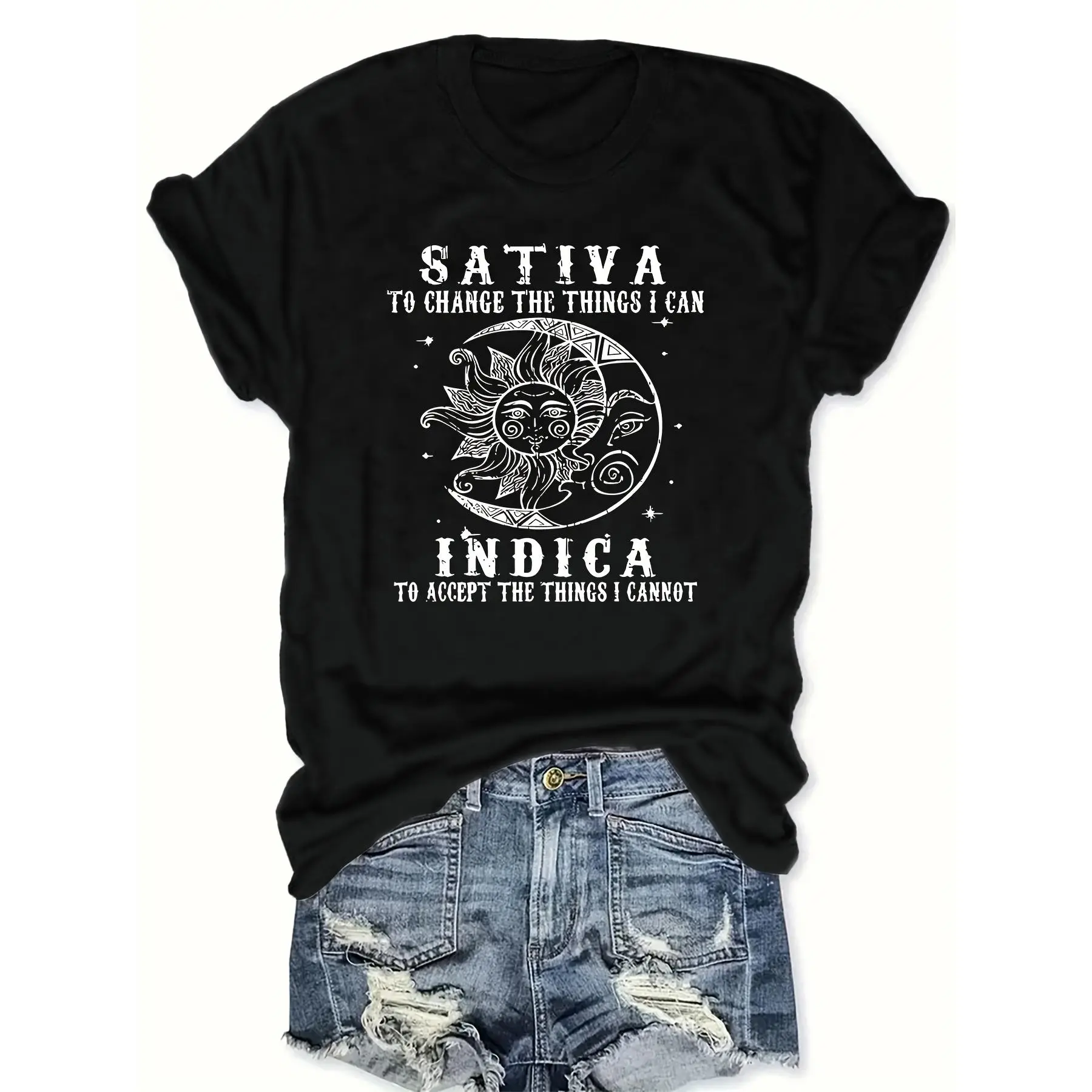 A Summer New Short-Sleeve T-Shirt for Women Featuring Patterns of The Sun And Moon, Along with The Words SATIVA And INDICA, Designed for Casual And Stylish Wear
