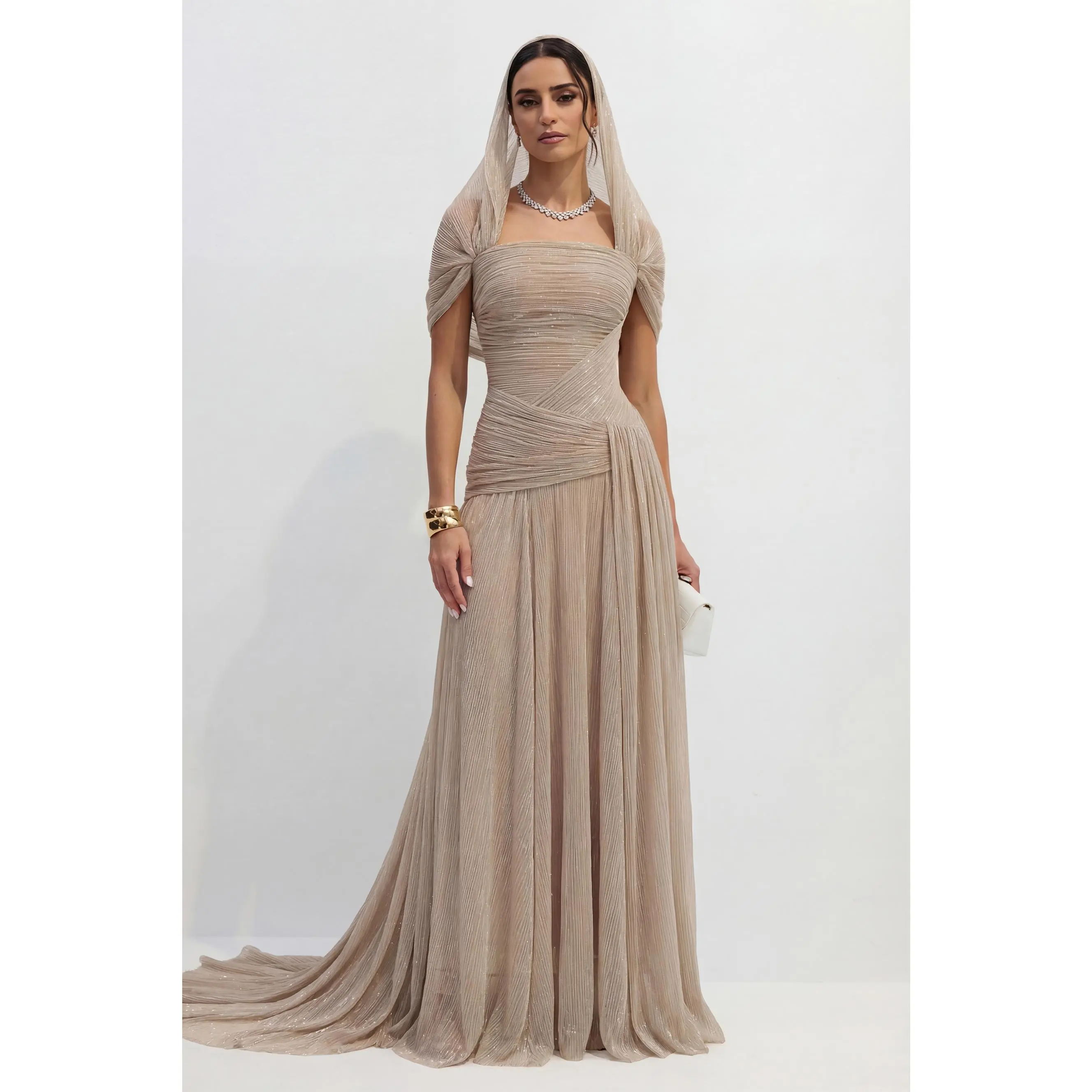 Sunfere Khaki Pleated Draped Strapless Maxi Dress - Shimmer Open Back Gown with Cowl Hood, Formal Gala Red Carpet Evening Event