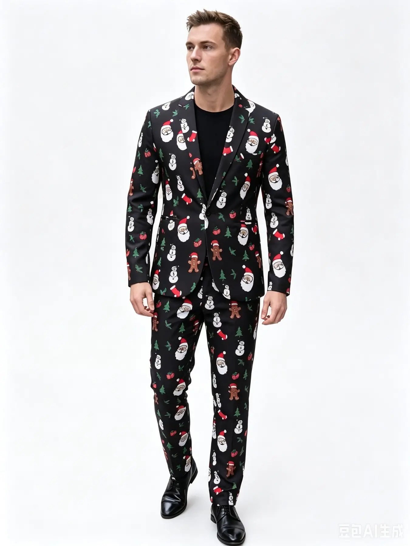 Men's Christmas-themed two-piece suit set, featuring a black background with an all-over print of Santa Claus, snowmen, and gingerbread men. The slim-fit suit jacket is paired with matching printed trousers for a festive party look.