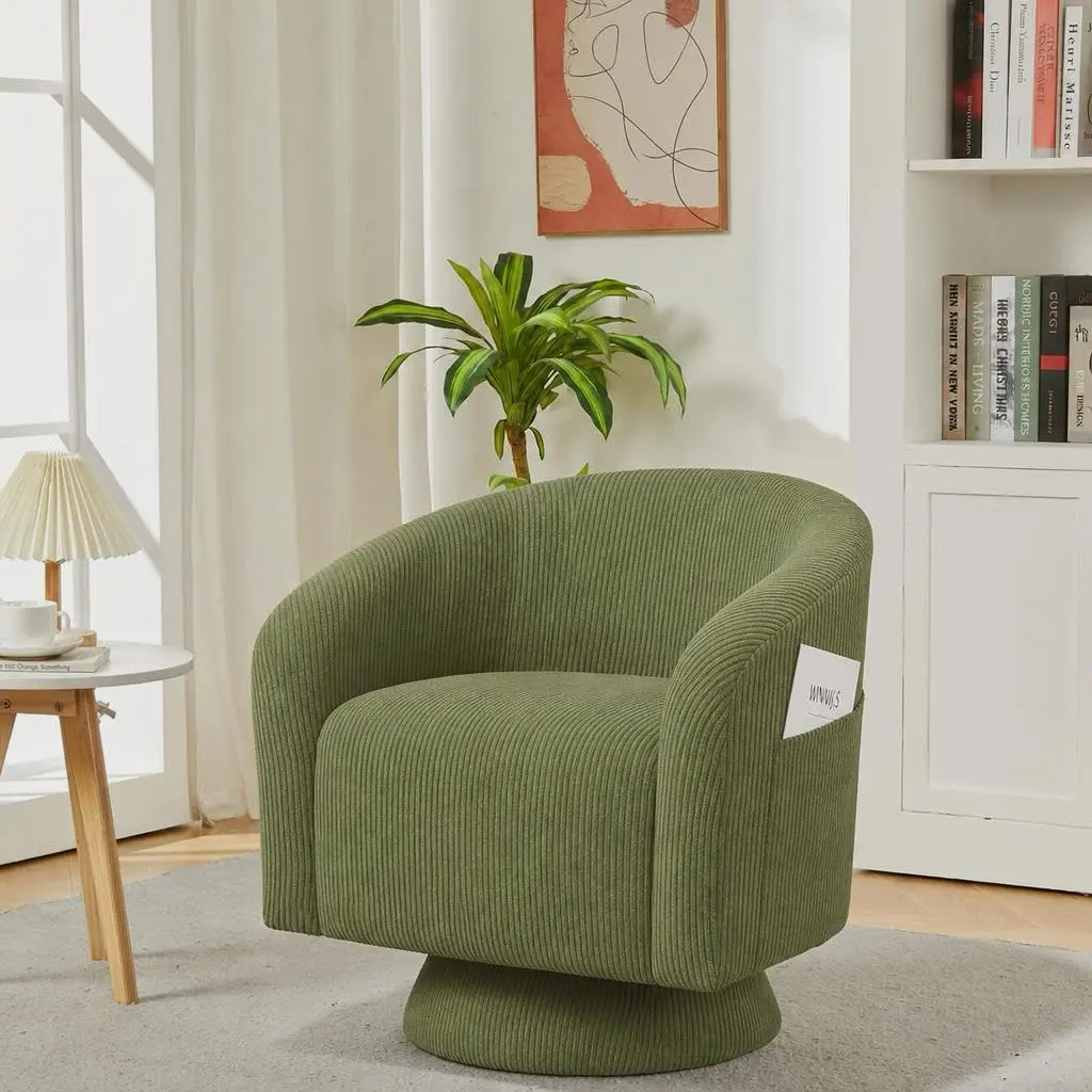 Modern Swivel Accent Chair, 360° Corduroy Upholstered Barrel Armchair - Curved Back & Armrests - Engineered Wood Base, Comfy Reading Chair for Living Room/Bedroom/Small Spaces - Color: Green/Gray/Beige