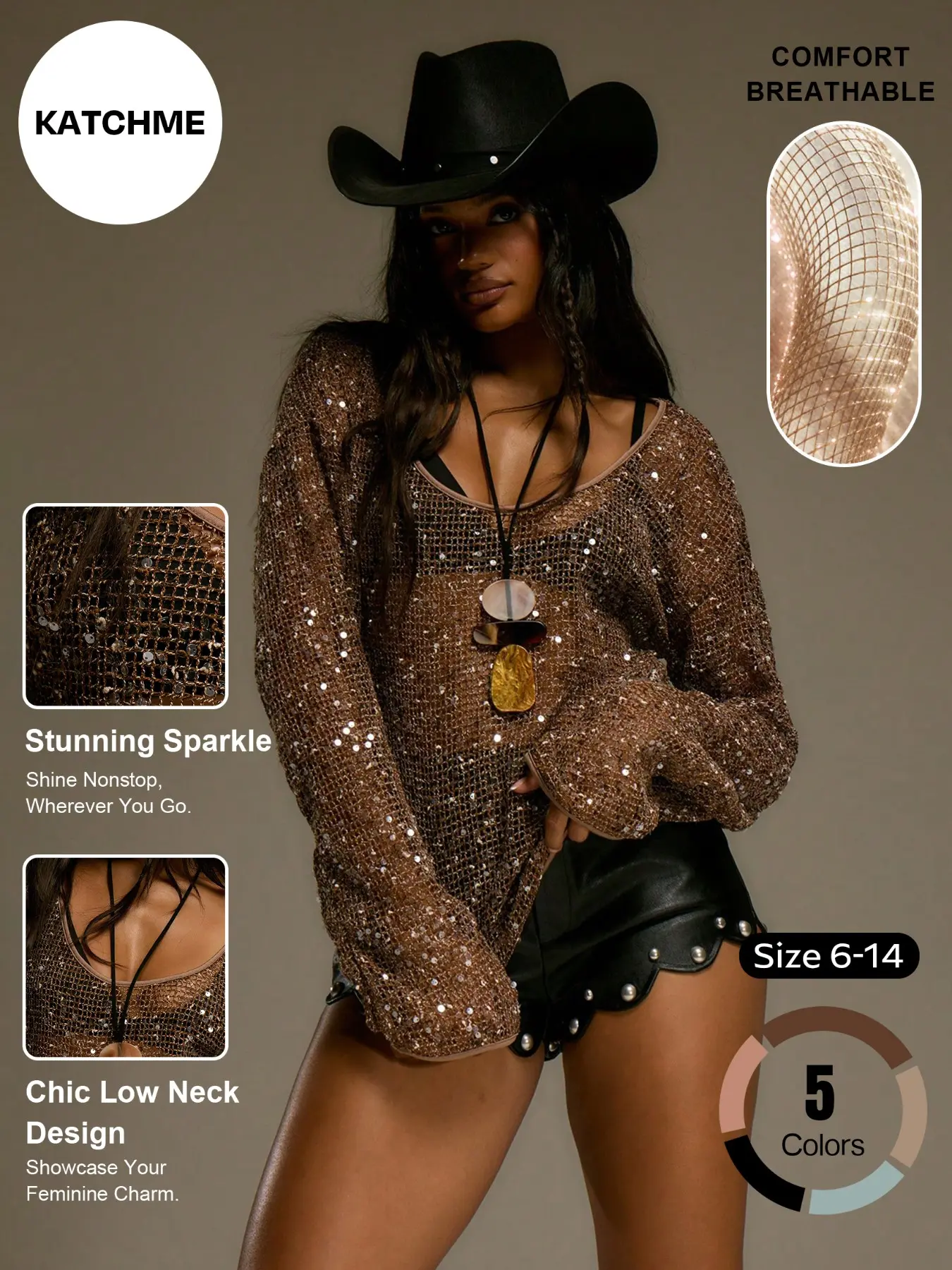 Women's Fashion Glittery Hollow Out Breathable Long Sleeve Top, Versatile Low Neck Loose Sequin Cover-Up, Stylish All-Season Wear#TikTokMadeMeBuyIt#FindYourStyle#CasualChic