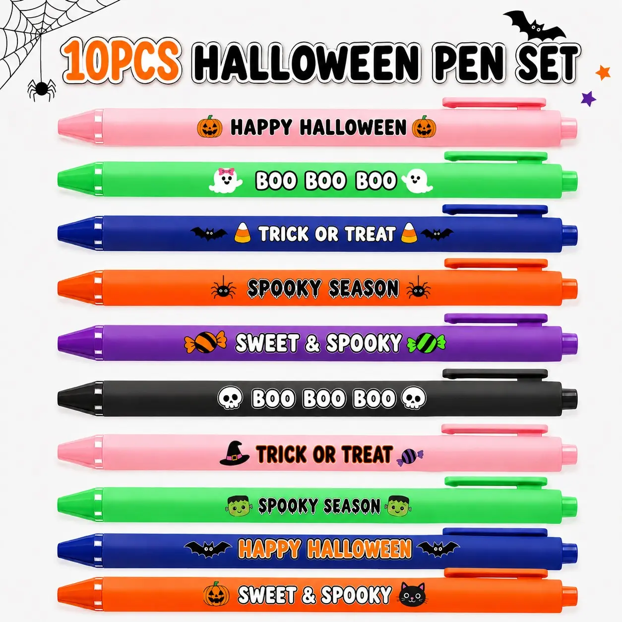 10pcs Halloween Retractable Pens, 14.3cm Ink Smooth Writing, Cute Spooky Ghost Pumpkin Stationery Set, Back to School Supplies