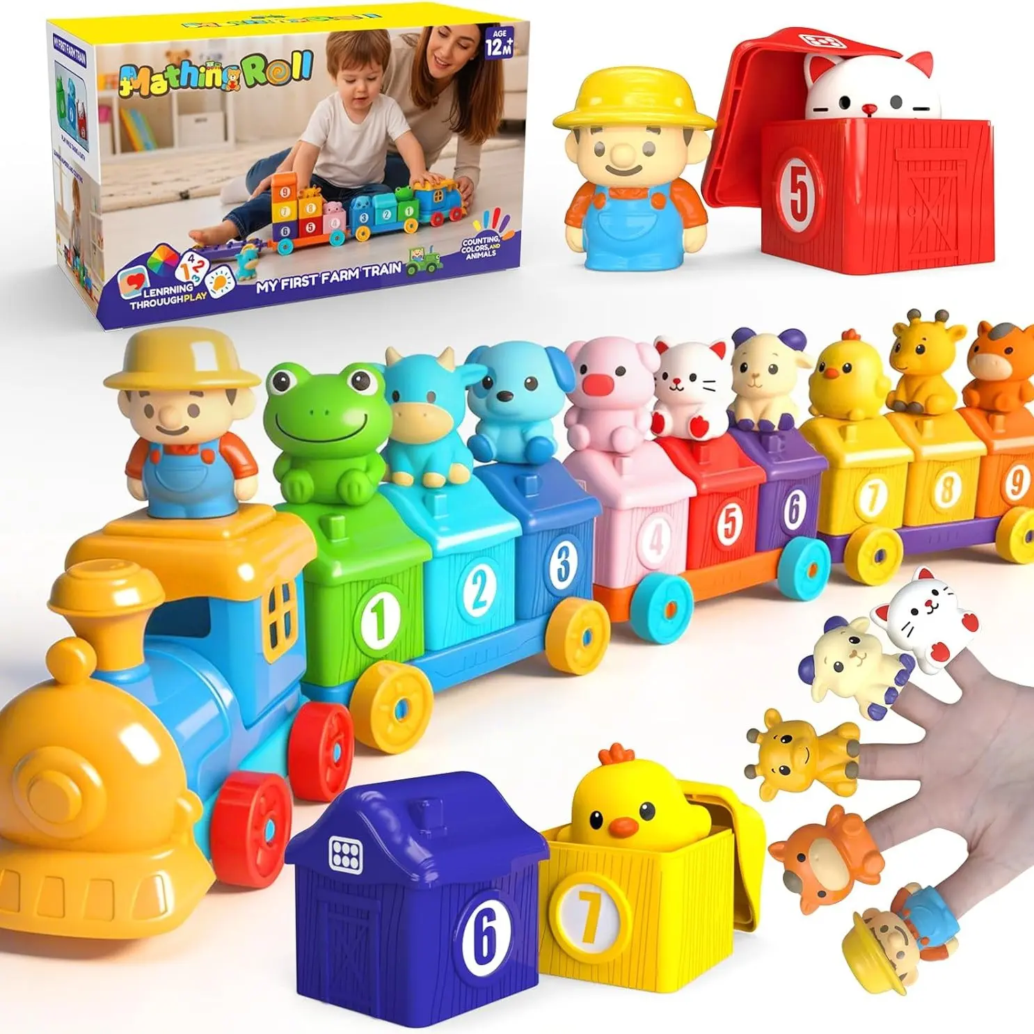Play-Act Learning Toy for Toddlers 1 2 3 Years Old, Counting, Matching & Sorting Montessori Learning Farm Train Including 9 Farm Animals, Birthday Gift for Baby Boys Girls