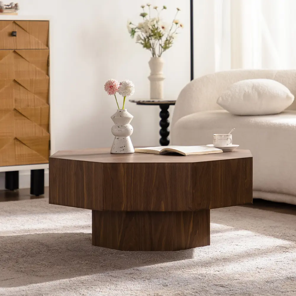 30.51" Octagon Coffee Table, Modern Wooden Accent Table with Unique Geometric Design, Walnut Finish End Table for Living Room, Bedroom, Office, Small Space Furniture, Mid Century Side Table, Decorative Center Table, Home Decor Furniture