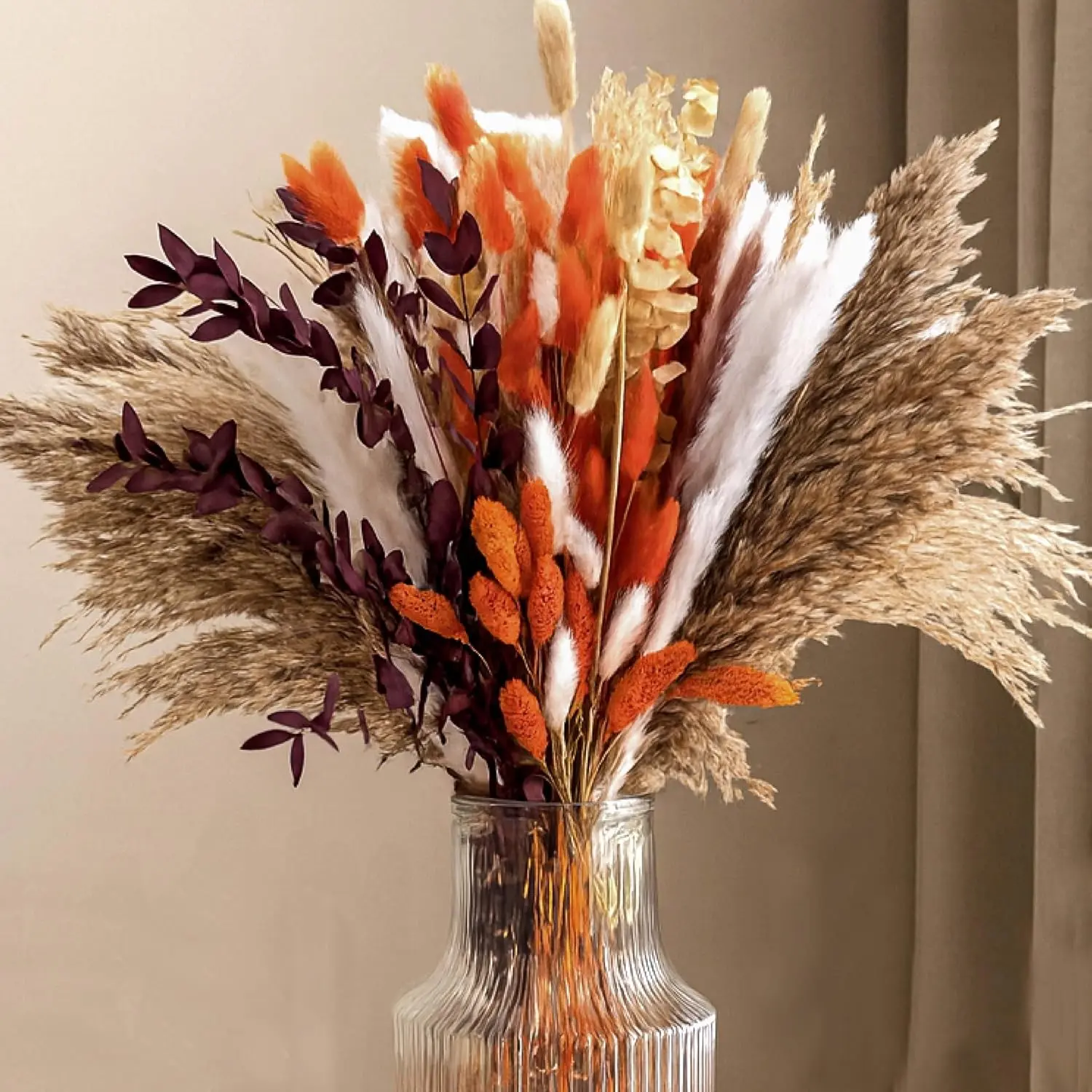 130Pcs Real Orange Pampas Grass, 17" Natural Dried Flowers Boho Winter Decor, Mixed Fall Flowers Bouquet - Bunny Tails Eucalyptus Home Floral Arrangements Wedding Centerpiece
