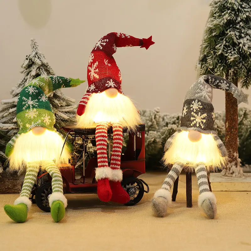 Lighted Christmas Forest Gnome Plush Decoration Knitted Sitting Elf Doll LED Holiday Tabletop Ornament Christmas Home Decor Gift