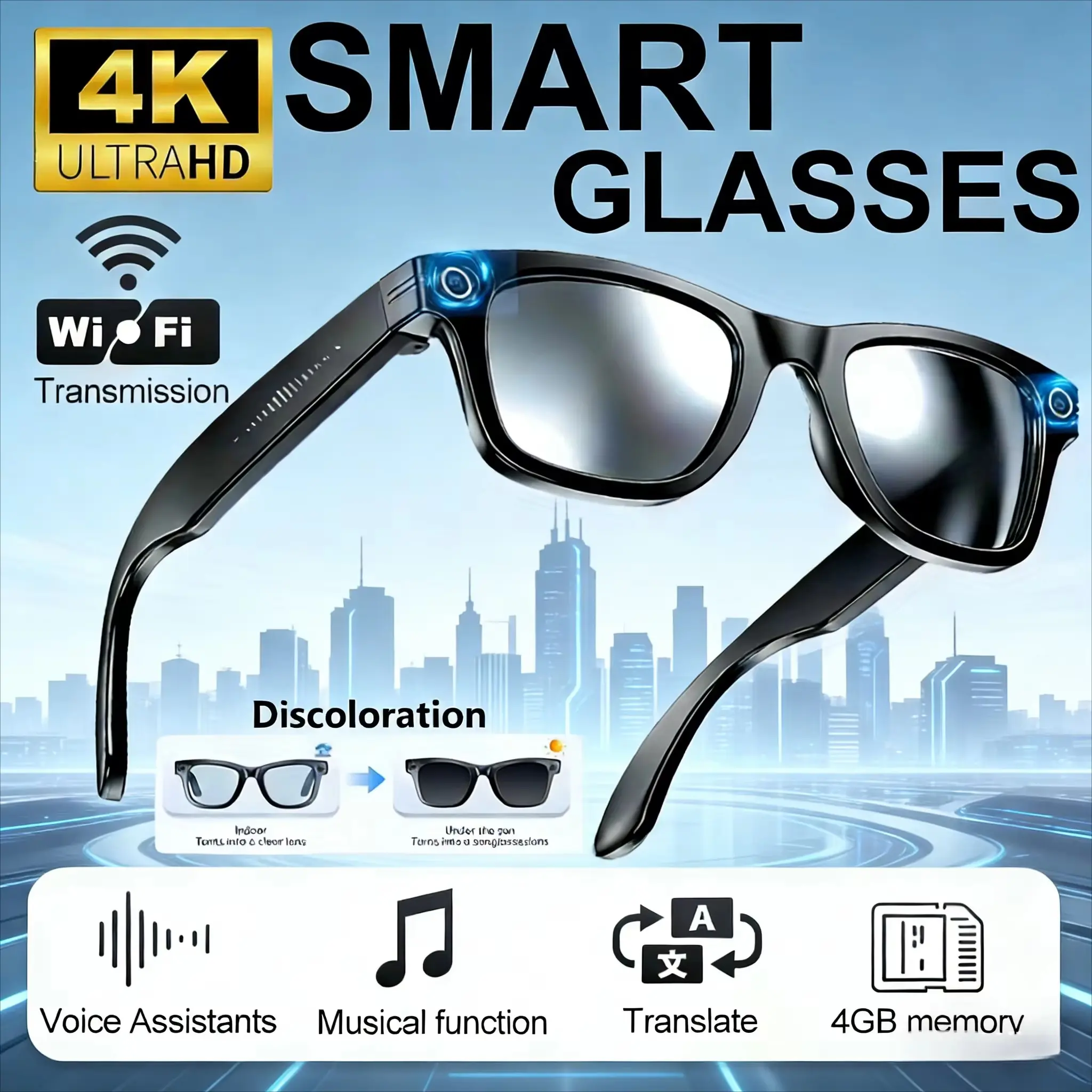 W610t Ai Smart Glasses, 8mp Camera, WiFi Photo Transfer, Touch Control, Noise Cancellation, Ai Translation, Lightweight, Waterproof, Long Battery Life