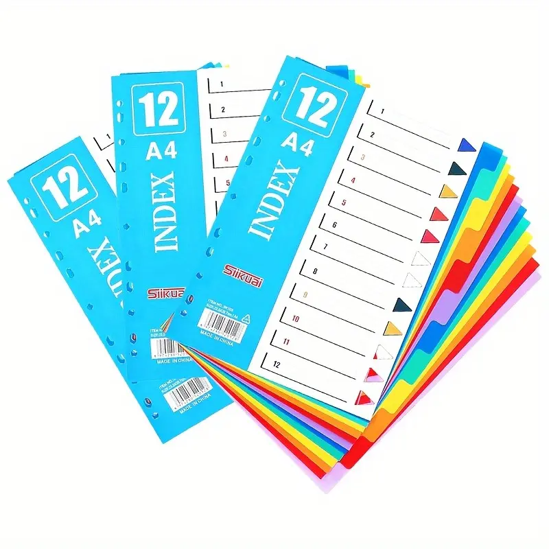 A4 File Dividers, 6 Packs, 72 Sheets/120 Sheets Two Sizes, 12-Color Punched Ring Binder Dividers, Compatible with A4 Lever Arch Files & Ring Binders, A4 Document Index Separator Inserts