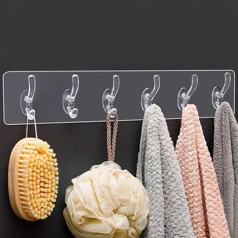 3/5/6 Hooks Transparent Holder Rack Bathroom Towel Sponge Storage Hanger Living Room Hat Clothes Seamless Hook Organiser