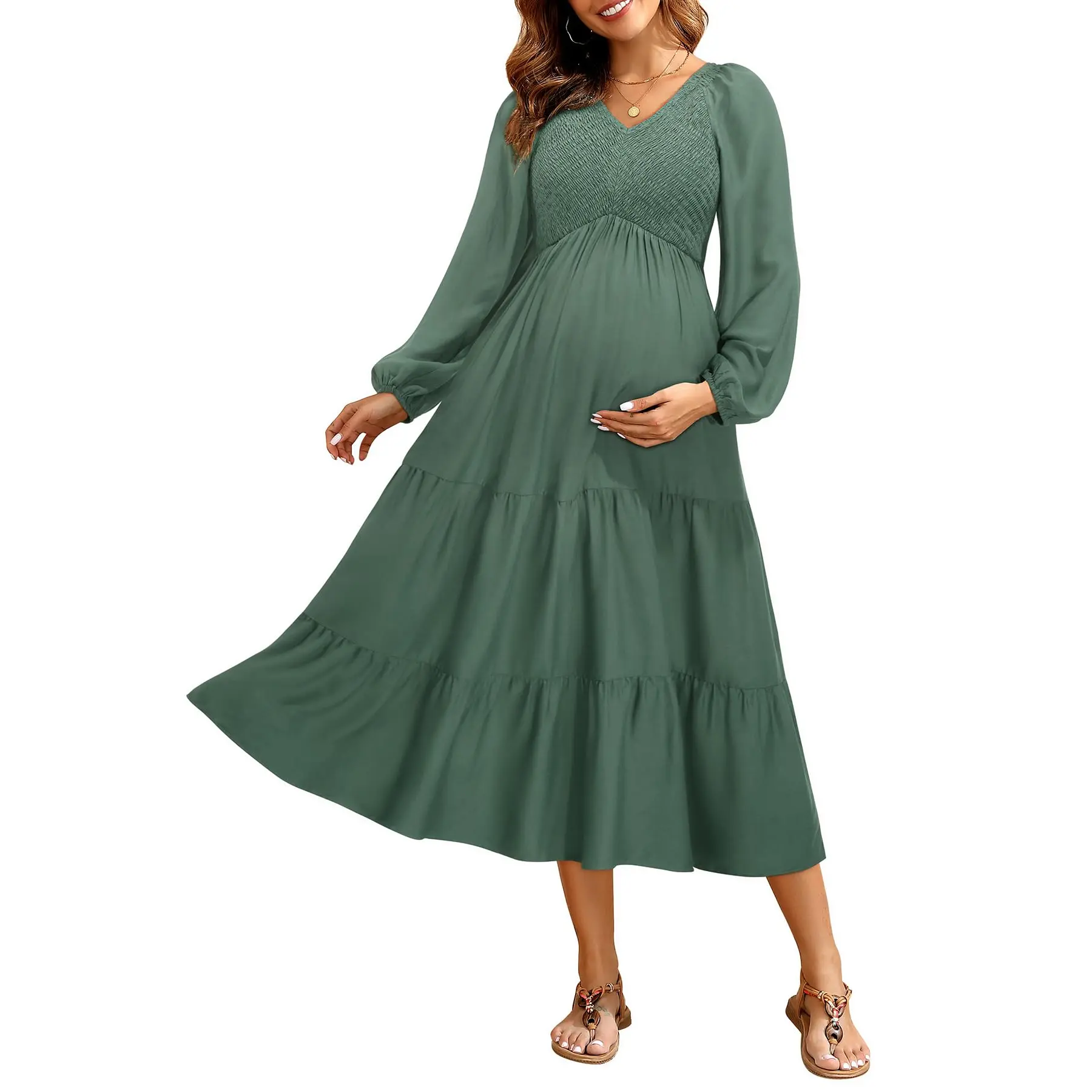 Maternity Dress for Shower Party- 2026 Photoshoot Pregnancy Summer Midi Casual Flutter Sleeve Dress