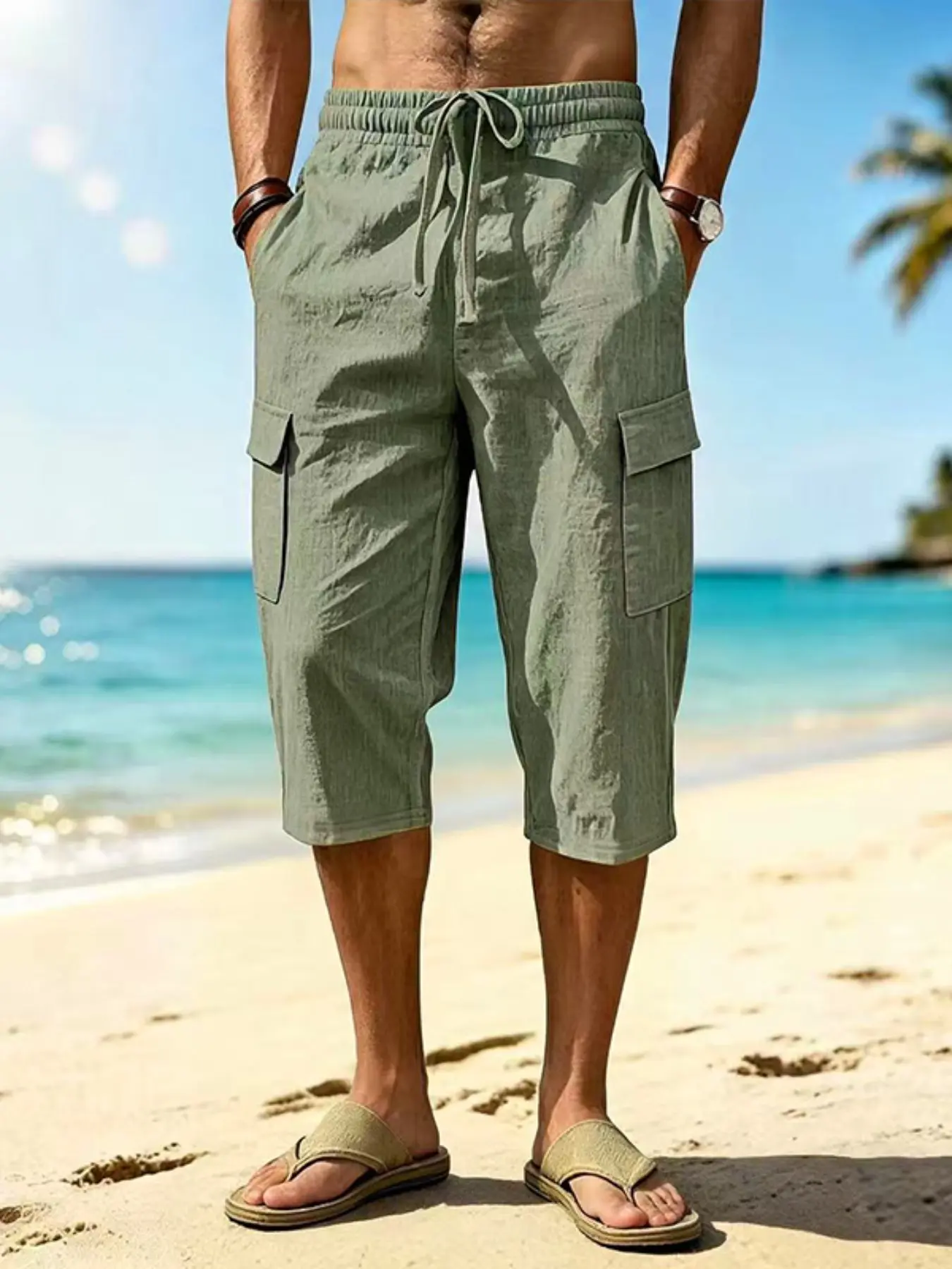 Men's Summer Linen Cargo Trousers, Loose Fit Casual Tropical Outdoor Workwear, Multi-Pocket 7/8 Shorts, Wholesale Bulk Order