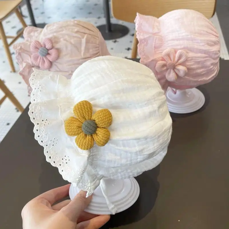 Newborn-Toddler Girls' Soft Cotton Lace Ruffle Sun Hat, Princess Look Bonnet with Flower Accent, Lacing Cap for Summer