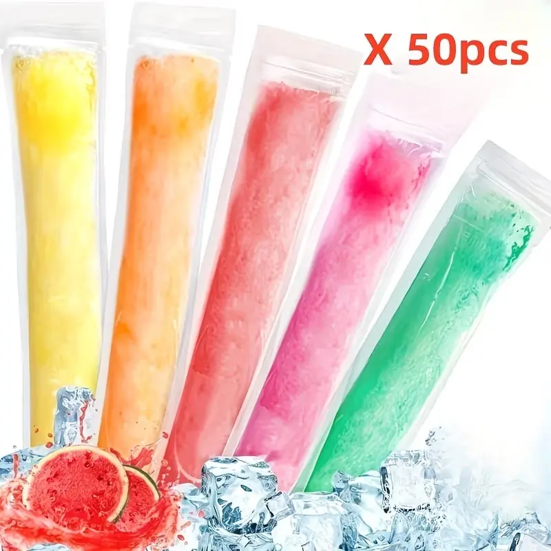 50 Food-Grade Disposable Clear Popsicle Bags, Jelly Bag, Ice Cream Stick, Long Strip, DIY Popsicle Bag with Funnel Included