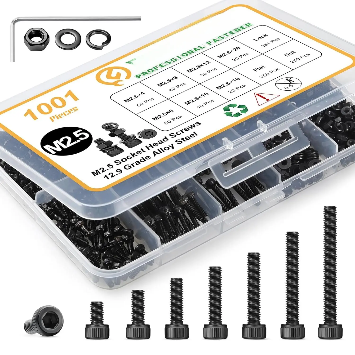 1001 count M2.5 Screws Kit,Black M2.5 Screws (7 Sizes 4-20mm),Hex Socket  Cap Small Metric  Nuts ,12.9 Grade Alloy Steel,Black Oxide, 4/6/8/10/12/16/20mm