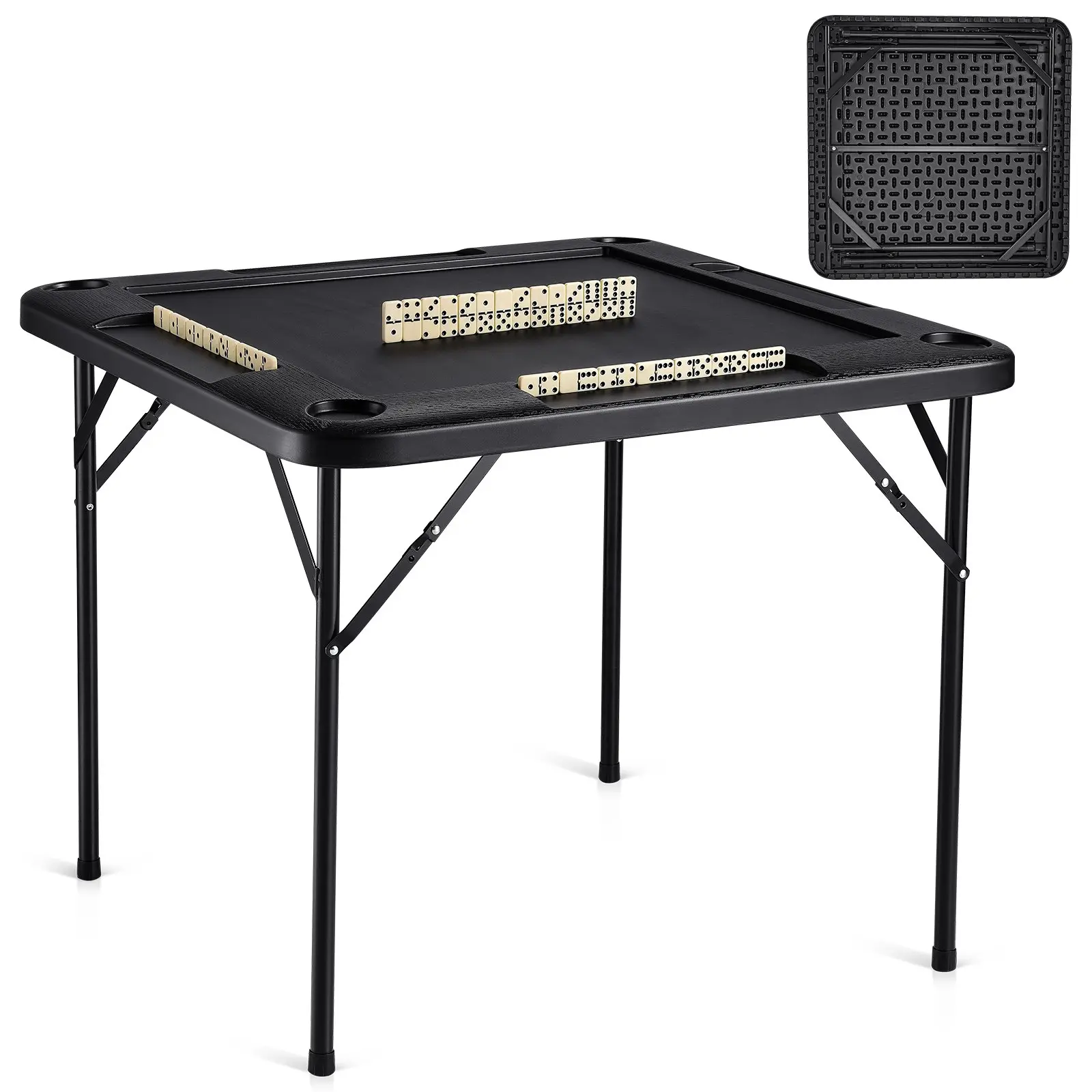 VEVOR Mahjong Table, Square 4 Player Folding Card Table with 4 Cup Holders 4 Chip Trays, Portable Domino Game Table with 1 Set of Dominoes for Mahjong Poke Puzzles, 35.4x 35.4-inch, Black