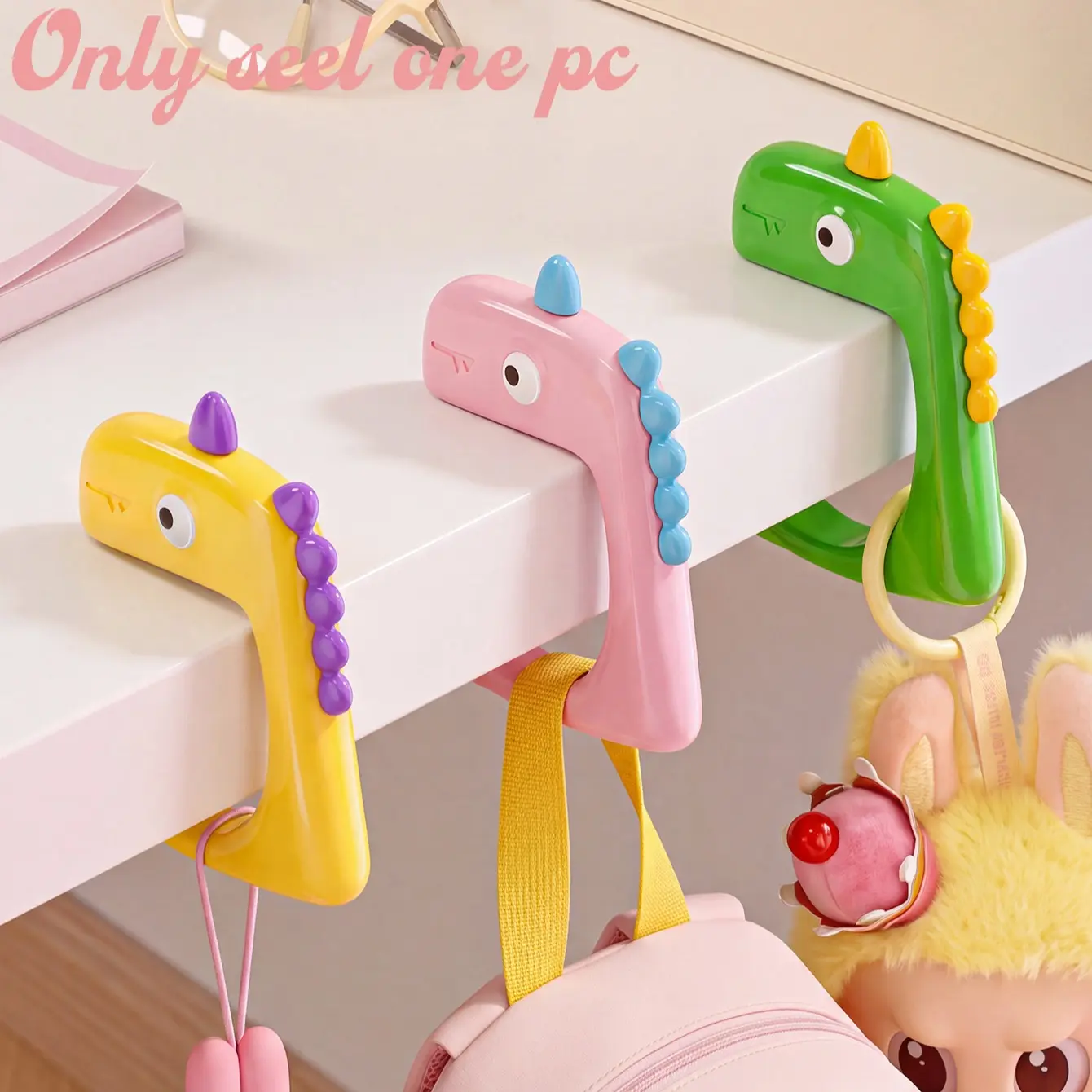 Back-To-School Cartoon Dinosaur Desk Hook, Clip-On Backpack Hanger, Non-Slip Base, Space-Saving Bag Holder for Student Desk, Backpack Hooks