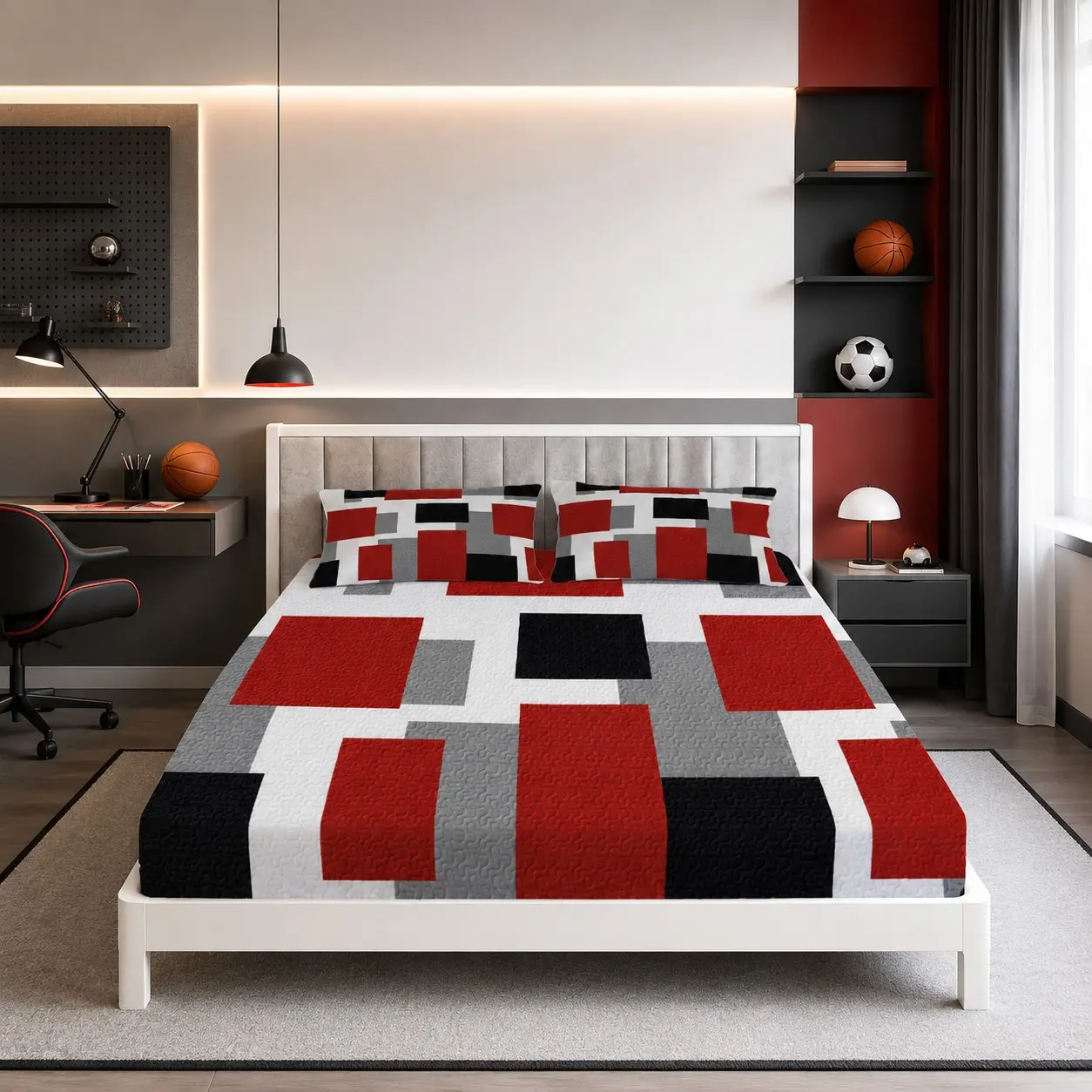 Modern Geometric Square Block Printed Fitted Sheet 3 Piece Set, Bedsheet, 1 Fitted Sheet + 2 Pillowcases, Deep Pocket Skin-Friendly Bedding, for Urban Apartments, Minimalist Dorms and Modern Home Decor, Ideal for Gifts, Deep Pocket Sheets