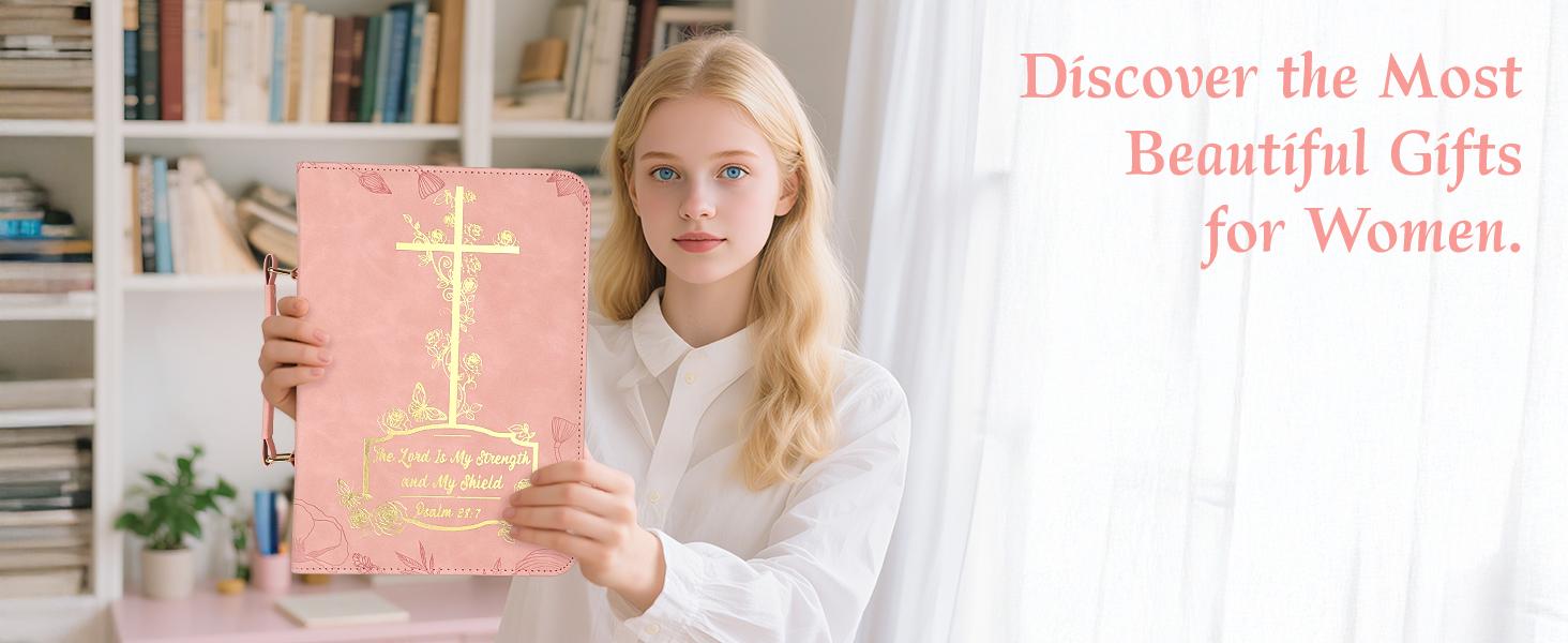 Bible Cover Case for Women，Large PU Leather Debossed Scripture Cover with Cross & Rose，Bible Accessories，Bible Carrying Case for Women, Girls, Gifts (Pink Gold)