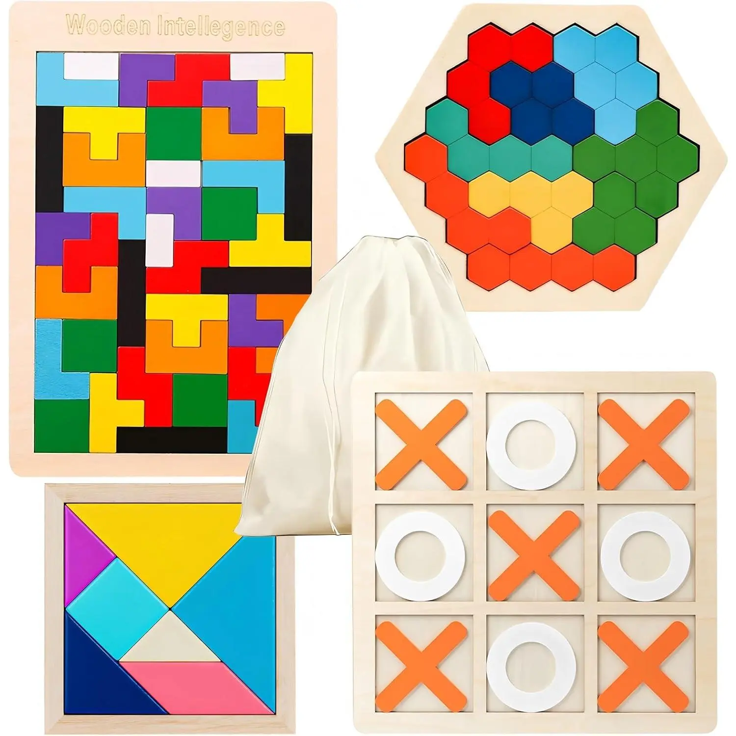 4 Pack Wooden Blocks Puzzles, Russian Blocks, Hexagon Puzzles, Tangrams Puzzles, Board Tic Tac Toe Game, Brain Teasers Toy Logic Game, Montessori STEM Educational Toys Present for Kids and Adultsfidget toys
