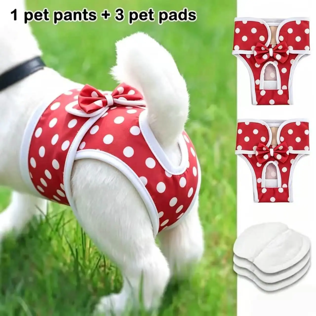 4-Piece Reusable Pet Diaper Set, Includes 3 Washable Reusable Puppy Pads, Adjustable Waistband, Breathable Polyester Underwear for Female Dogs, Butterfly Design